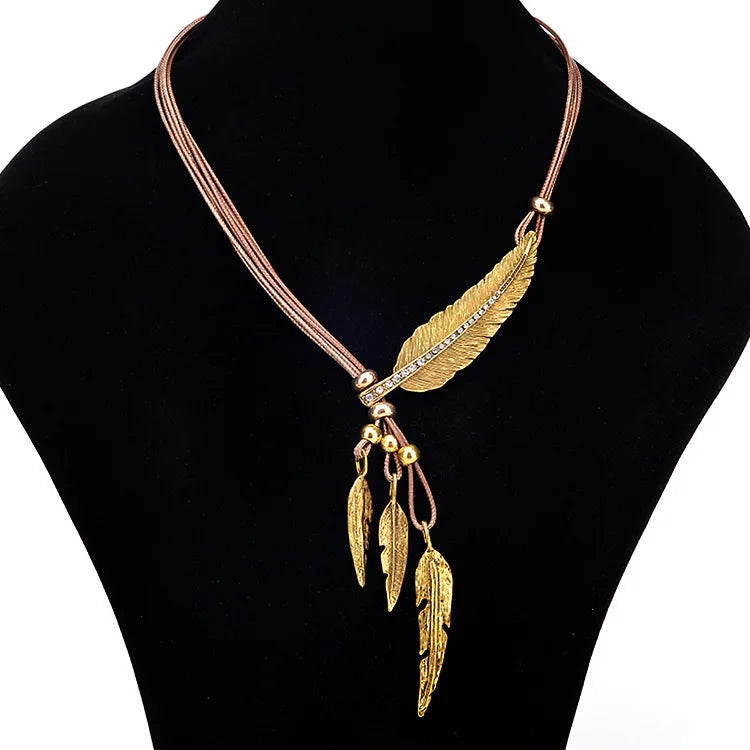 FBA Feather Rhinestone Tassel Necklace | Silver Leather Rope Jewelry