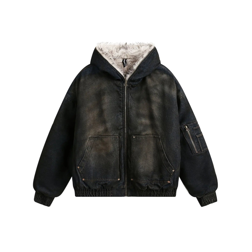 Men's American High Street Vintage Denim Hoodie Jacket – Thick Warm Zip-Up Streetwear Coat | S–XL | FBA Vibes