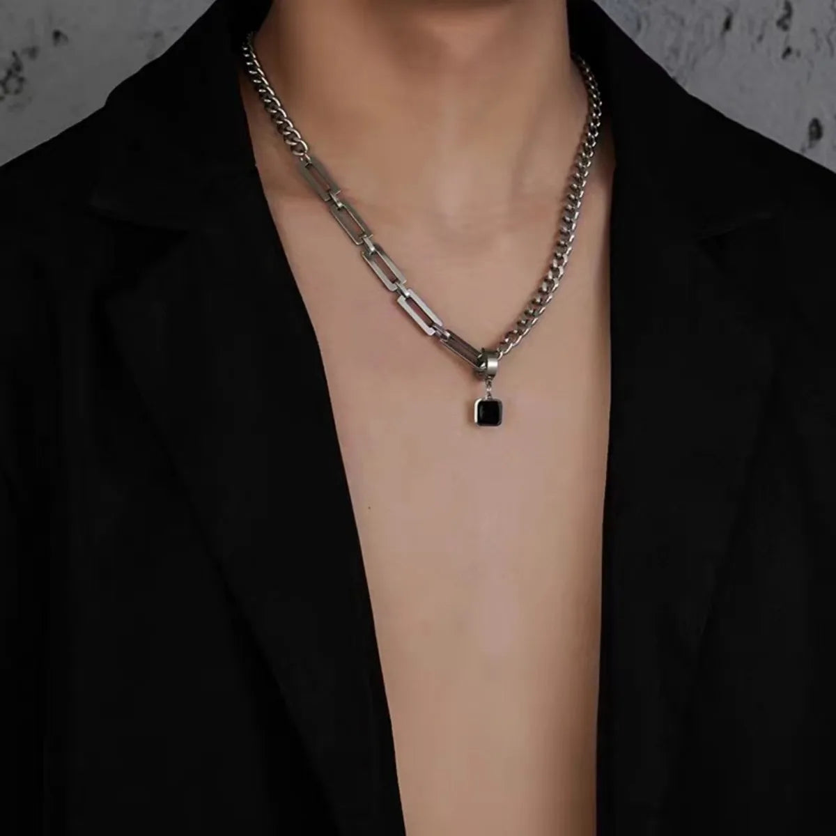 FBA Black Beads Square Pendant Necklace for Men | Fashion Jewelry