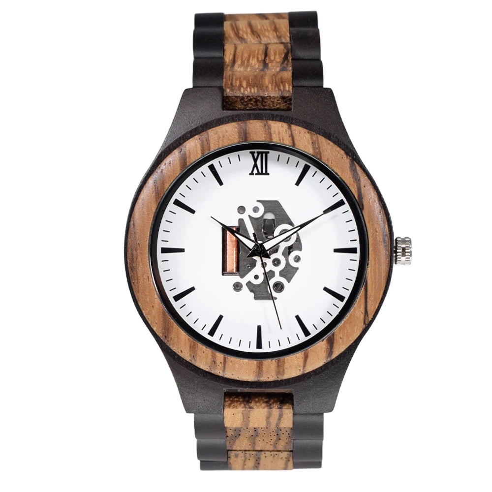 FBA Men's Zebra Wood Hollow-Out Watch | Luminous Vintage Quartz Wristwatch