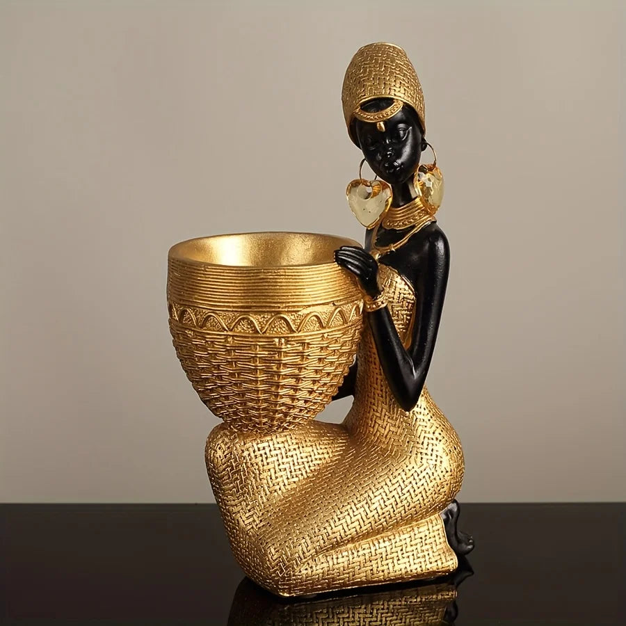 African Lady Resin Figurine | Woven Texture Sculpture in Black & Gold for Living Room & Office Decor