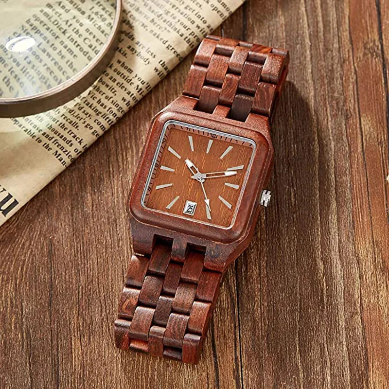 FBA Men's Square Wood Watch | Roman Numeral Quartz Wooden Wristwatch