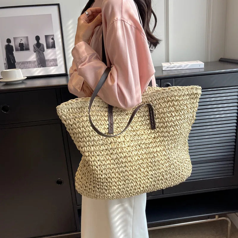 Casual Straw Woven Bucket Tote Bag – Large Capacity Beach & Shopping Handbag for Women