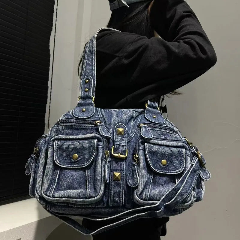 Fashionable Denim Tote Bag for Women – Retro Crossbody Shoulder & Travel Bag