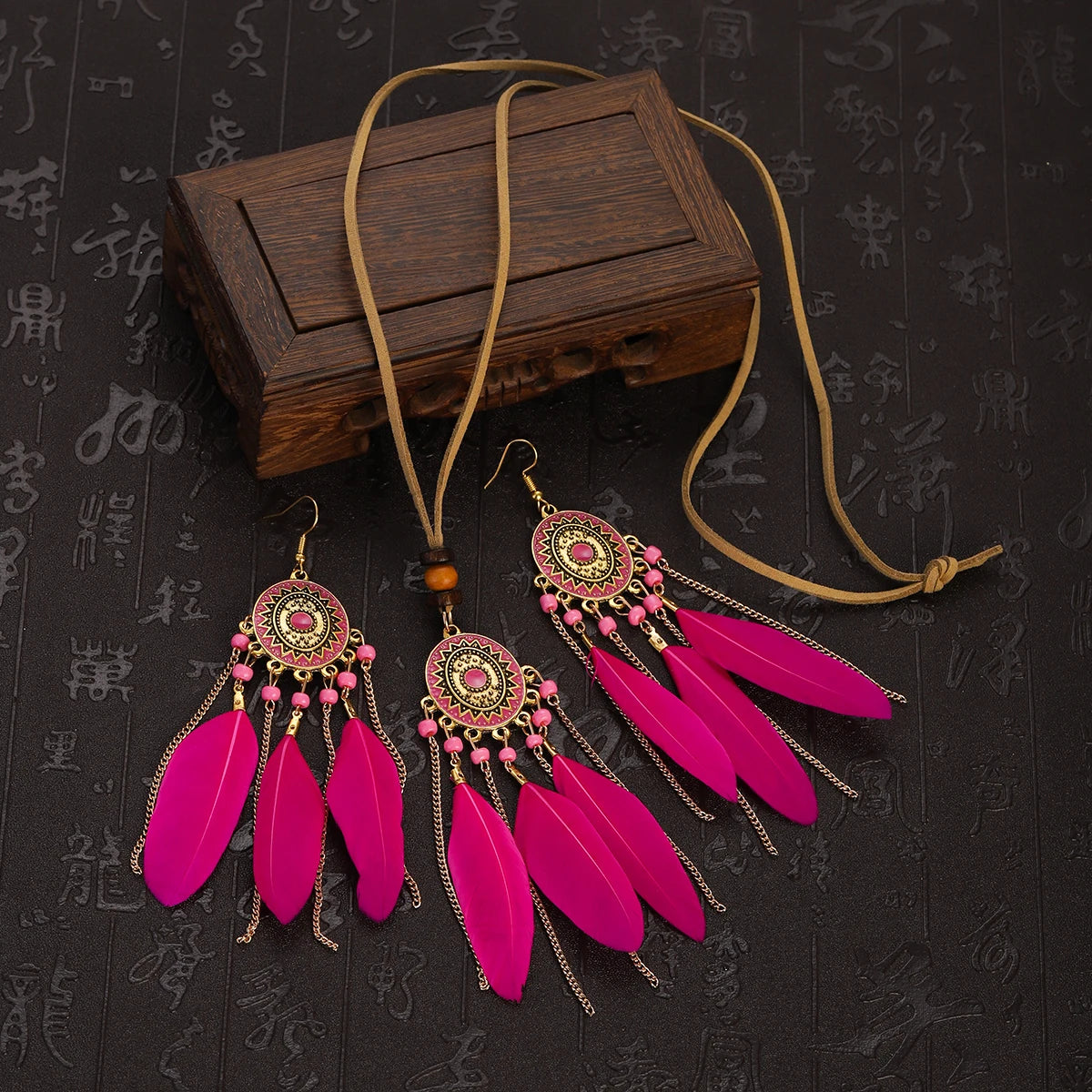 FBA Feather Necklace & Earring Set | Boho Tassel Jewelry