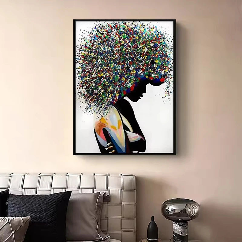 Black Woman Abstract Floral Portrait Canvas Print | Colorful Wall Art for Living Room