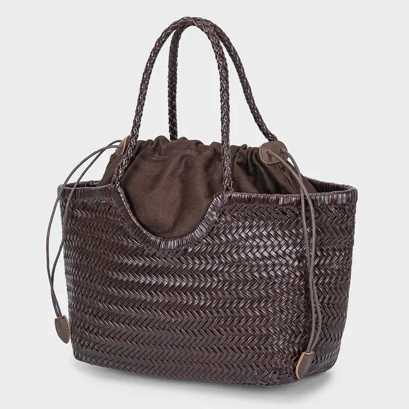 French Hand-Woven Genuine Leather Tote Bag – Large Vegetable Basket Shoulder & Underarm Bag