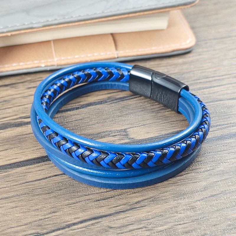 FBA Men's Multilayer Blue Leather Stainless Steel Bracelet | Luxury Jewelry