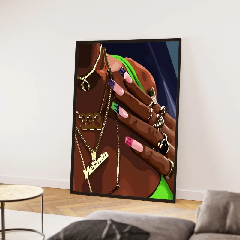 Hip Hop Black Girl Gold Jewelry Canvas Print | Afro Wall Art | FBA Vibes