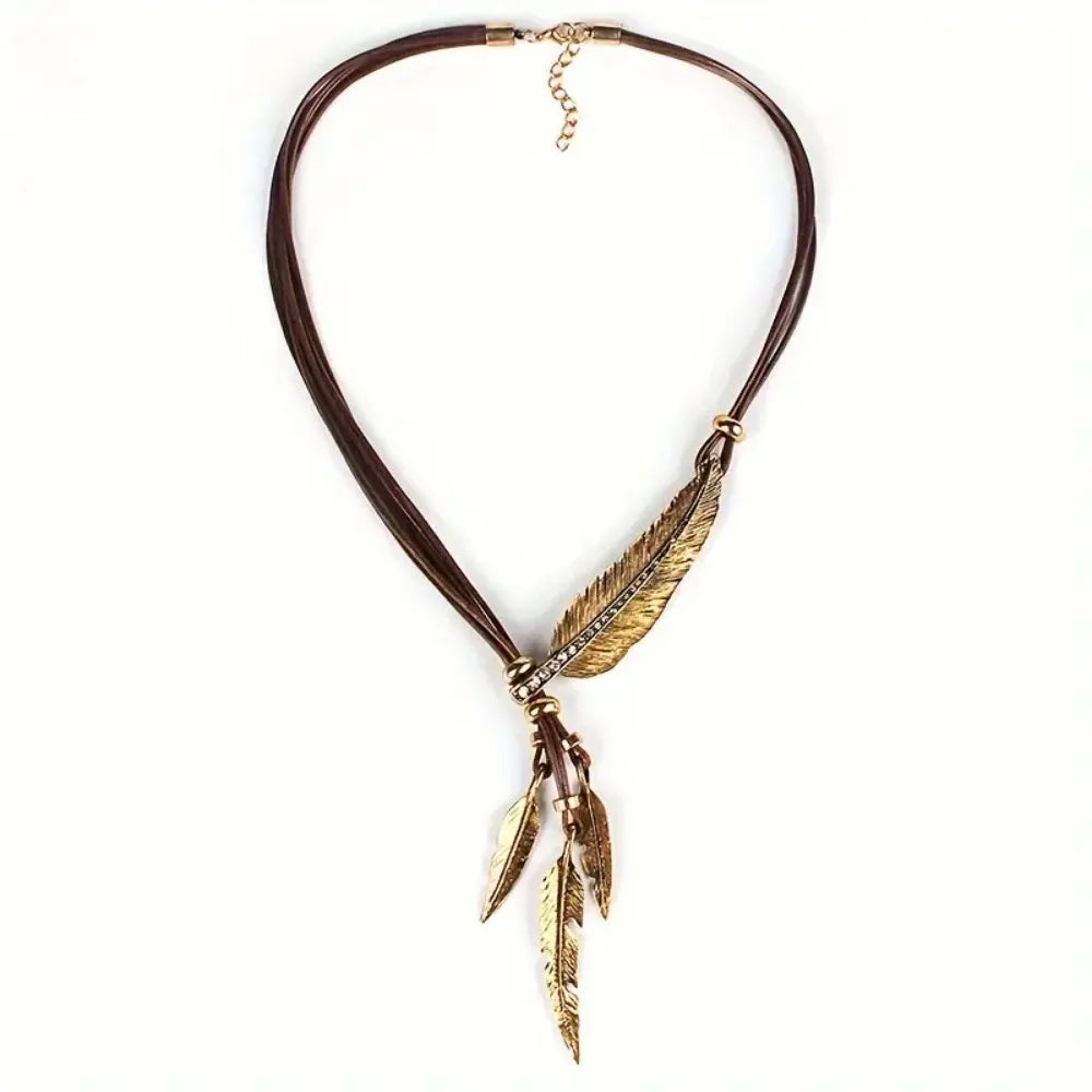 FBA Feather Rhinestone Tassel Necklace | Silver Leather Rope Jewelry