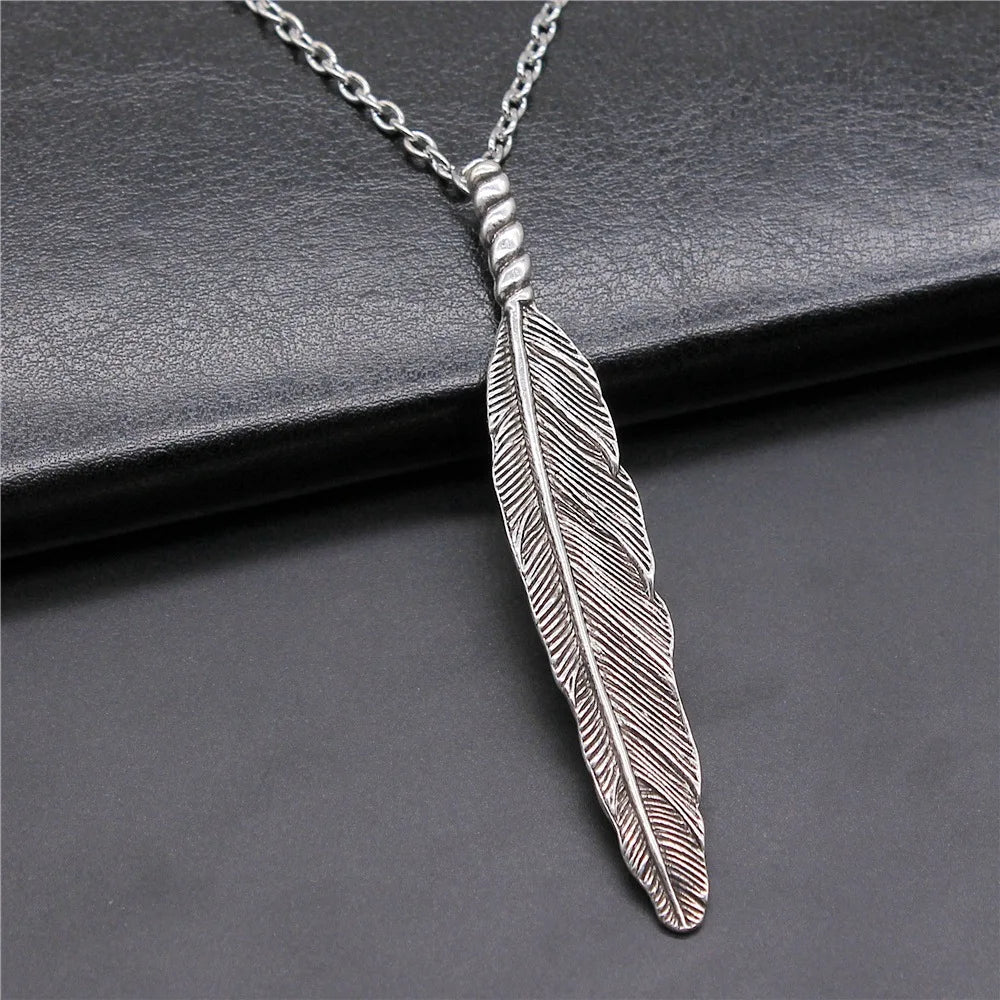 FBA Antique Silver Big Feather Pendant Necklace | Long Chain Jewelry