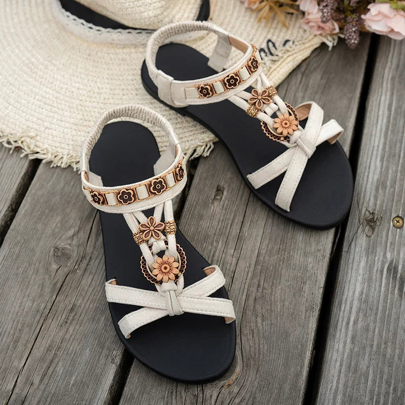 FBA Women's Flower Beaded Bohemian Flat Sandals | Roman Style Beach Shoes