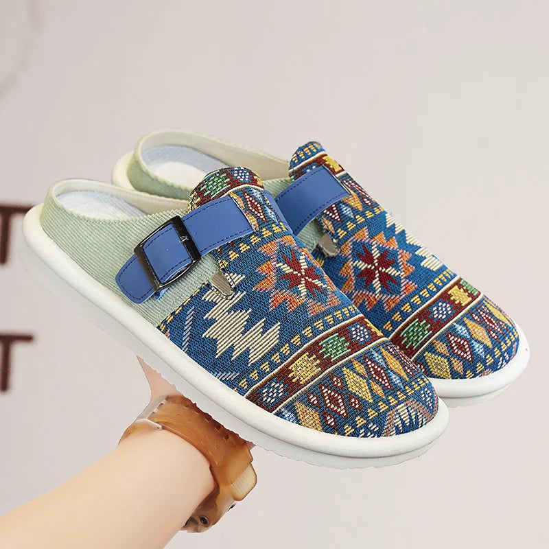 FBA Women's Ethnic Embroidered Linen Slippers | Handmade Comfort Sandals
