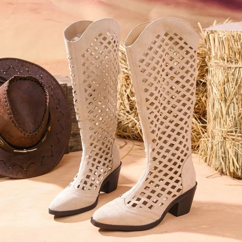 Women's Western Cowboy Hollow Cutout Chunky Heel Mid-Calf Boot | FBA Vibes