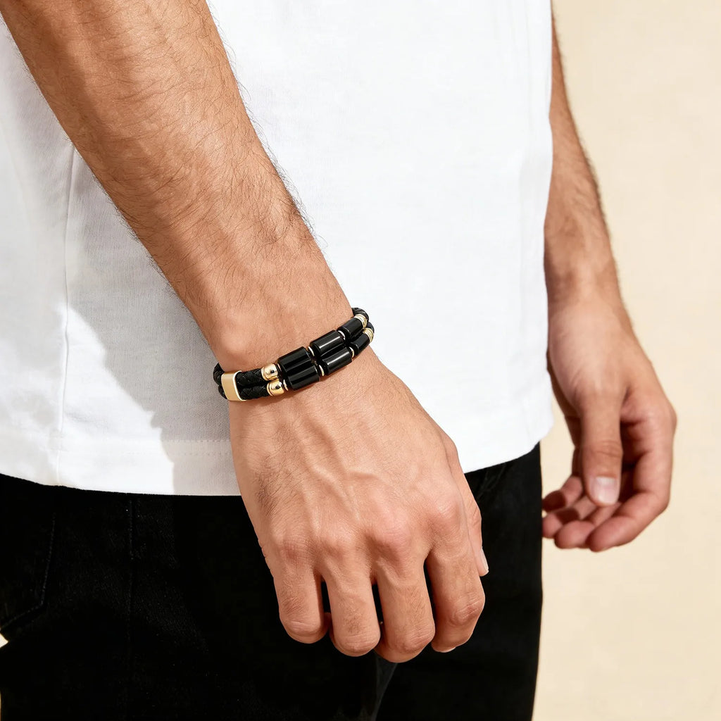 FBA Men's Natural Agate Leather Bracelet | Multi-Color Crystal Healing Jewelry