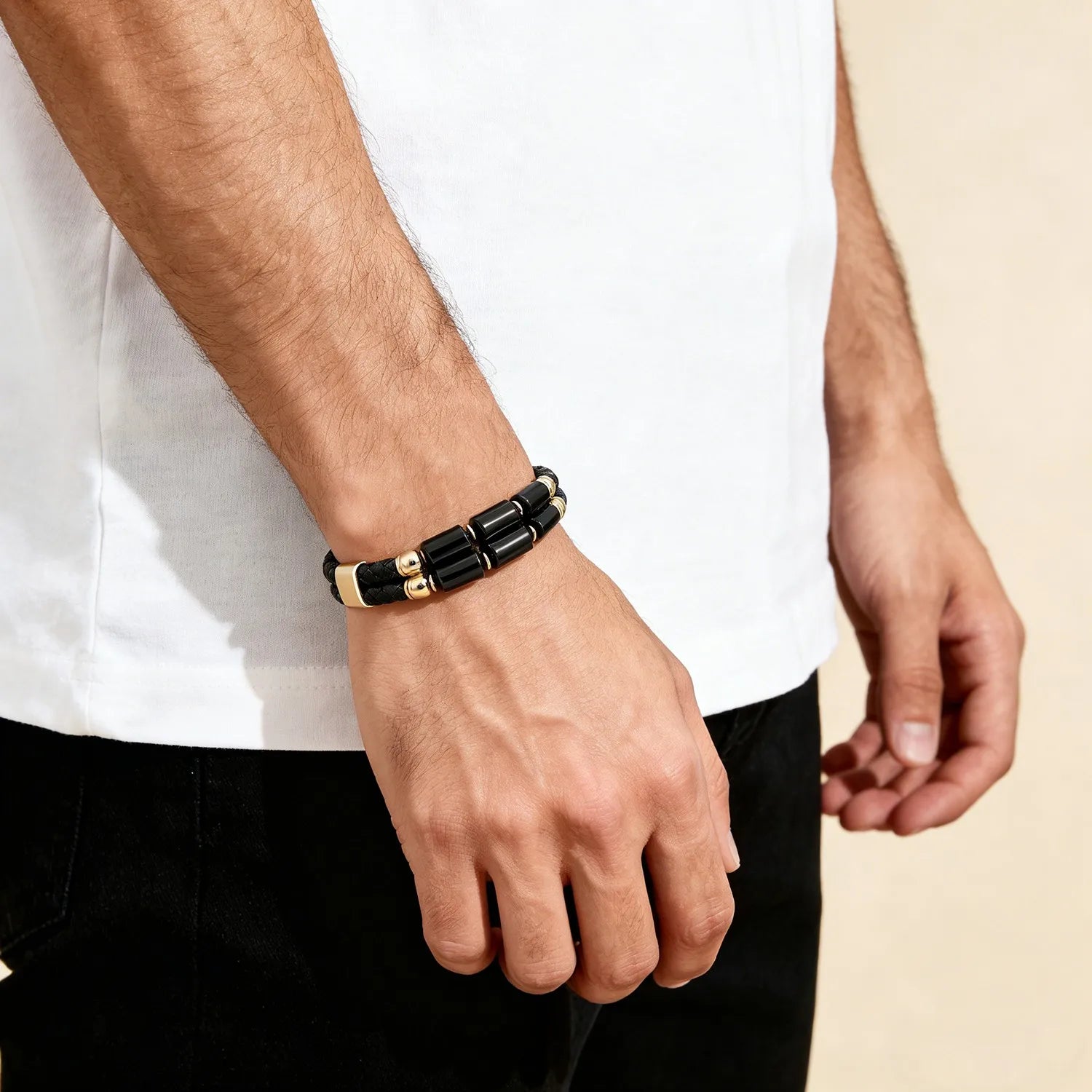 FBA Men's Natural Agate Leather Bracelet | Multi-Color Crystal Healing Jewelry