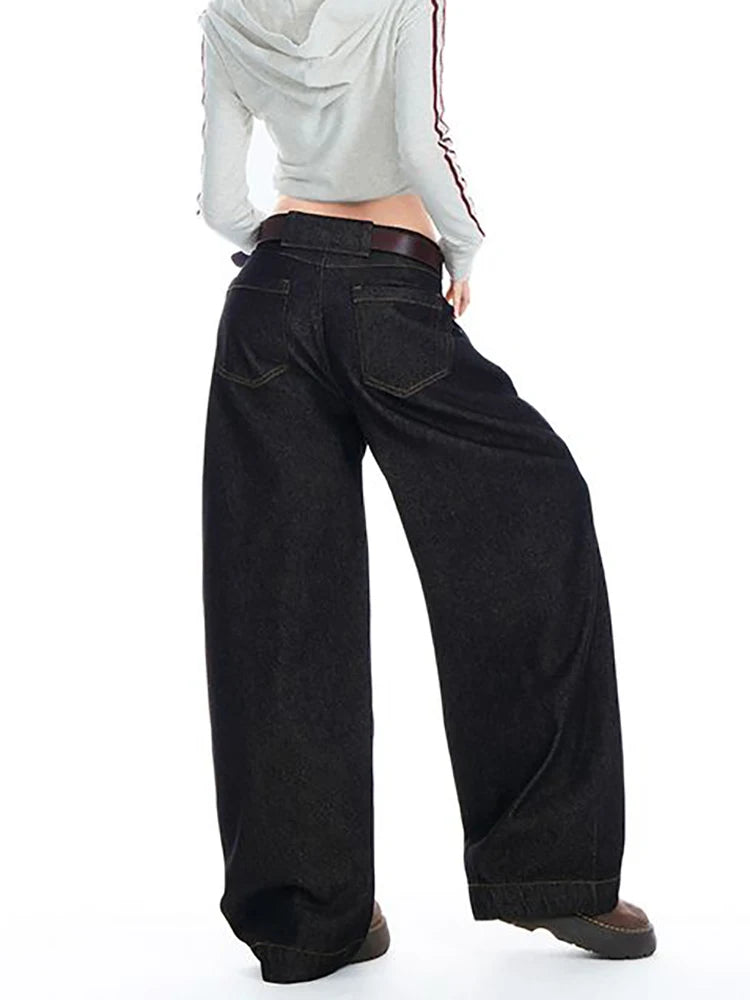 Women's American Retro High Waist Wide-Leg Floor Length Jeans – Harajuku Baggy Denim Trousers | Black | XS–XL | FBA Vibes