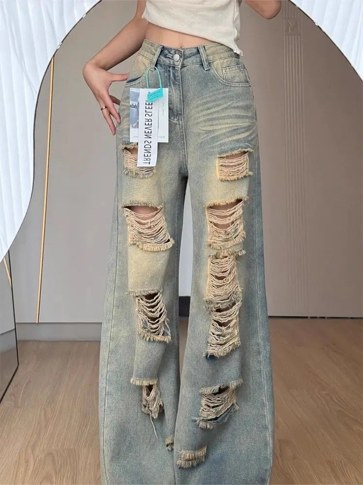 Women's American Retro Distressed Stonewash Wide-Leg Straight Jeans – Loose Drape Ankle-Length Denim | Beige | XS–XL | FBA Vibes