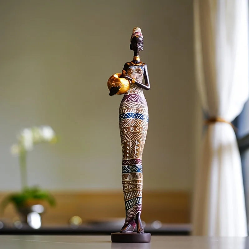 Retro African Women Holding Pottery Pot Resin Figurine | Painted Statue for Home, Bedroom & Desktop Decor