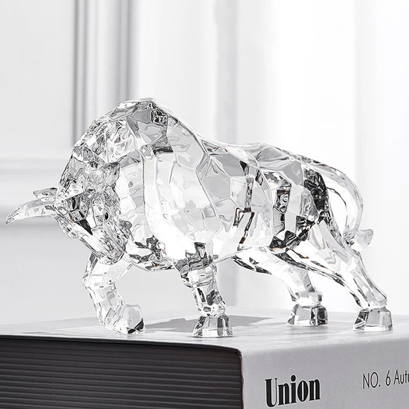 Acrylic Crystal Ox Sculpture | Nordic Luxury Transparent Statue for Living Room, Office & Wine Cabinet Decor
