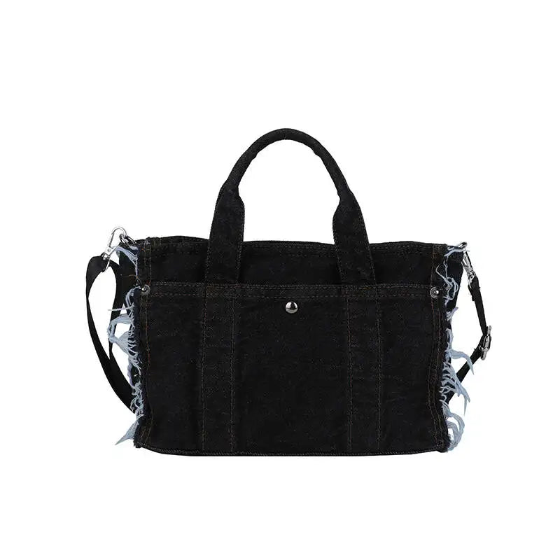 Denim Tote Bag with Ruched Straps – Large Capacity Crossbody Shoulder Handbag