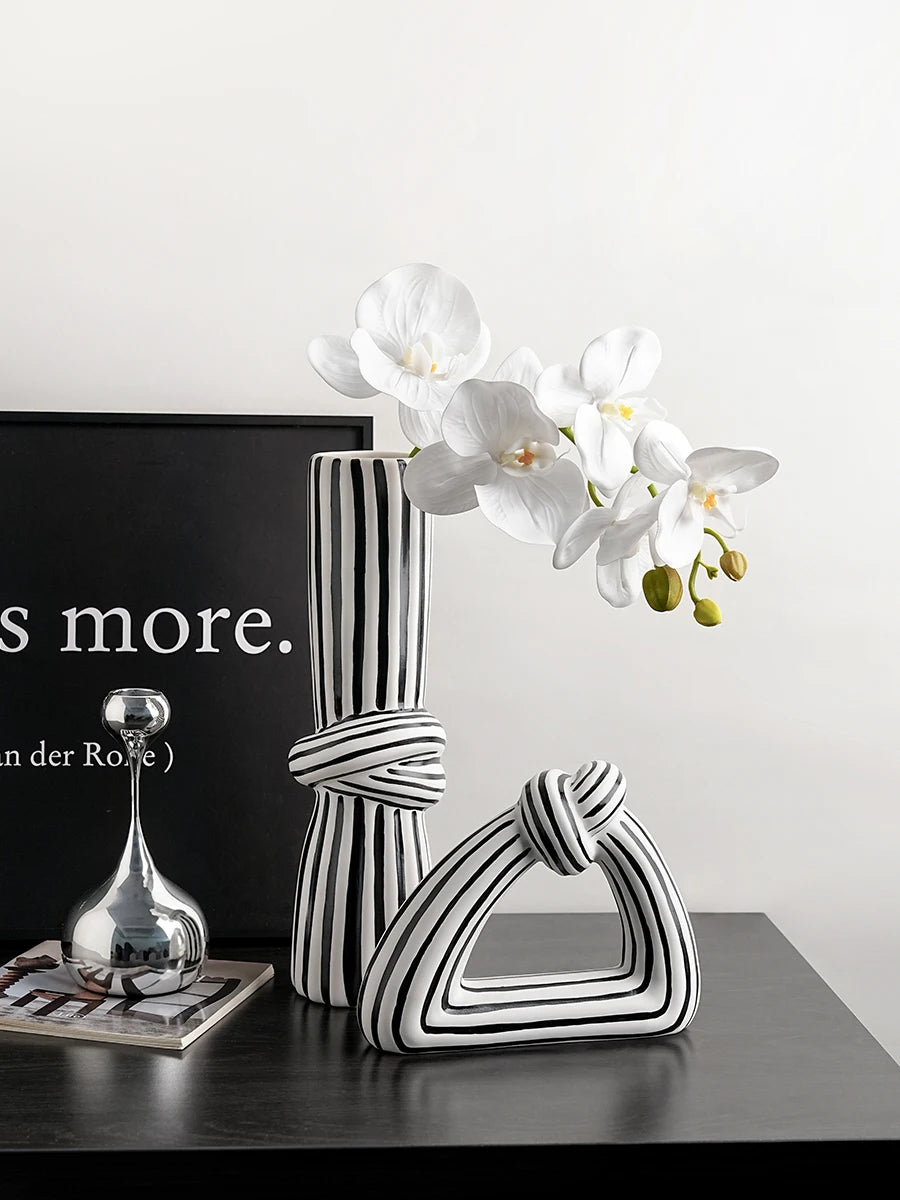 Black & White Striped Knot Ceramic Vase | Modern Art Sculpture for Living Room Decor