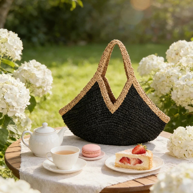 Bohemian Handmade Woven Straw Beach Bag – Vintage Crochet Rattan Tote Shoulder Purse