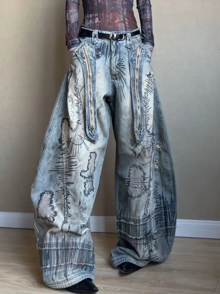 Women's American Retro Distressed Wide-Leg Jeans – High Street Loose Printed Denim Pants | Blue | S–XXXL | FBA Vibes