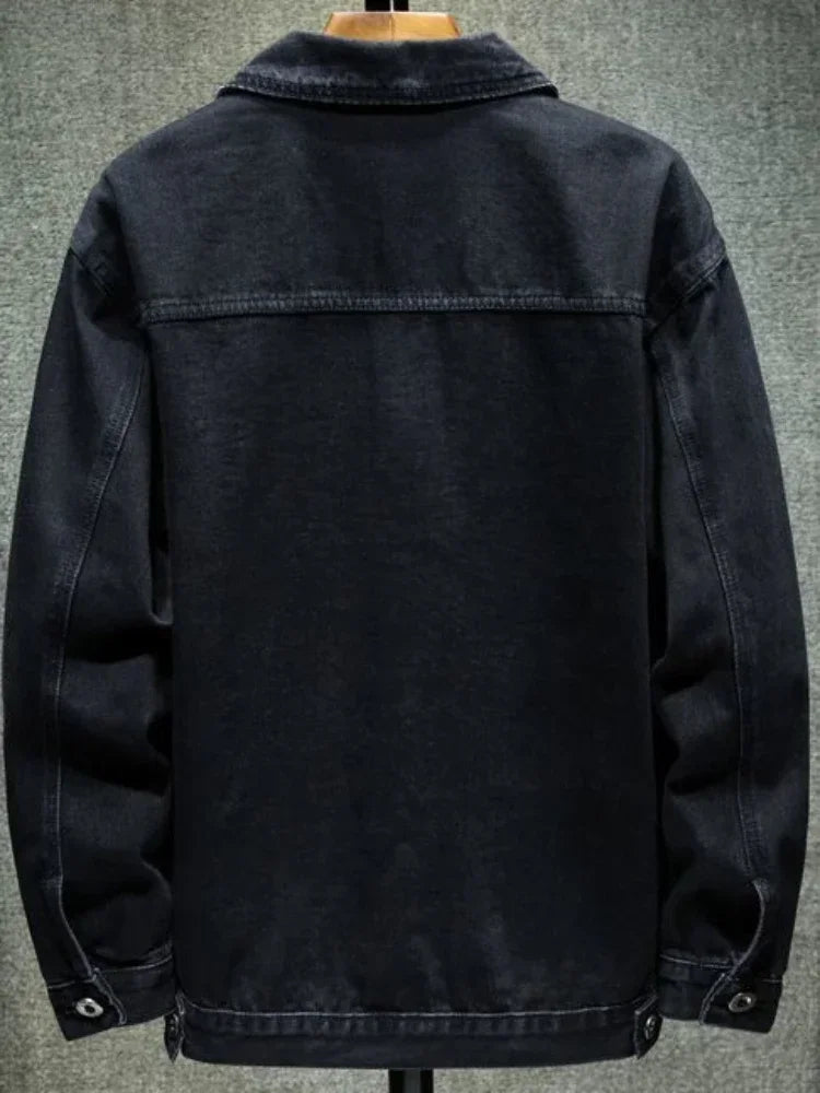 Men's Cargo Denim Jacket – Korean Style Patchwork Jean Coat | Blue & Black | M–5XL | FBA Vibes