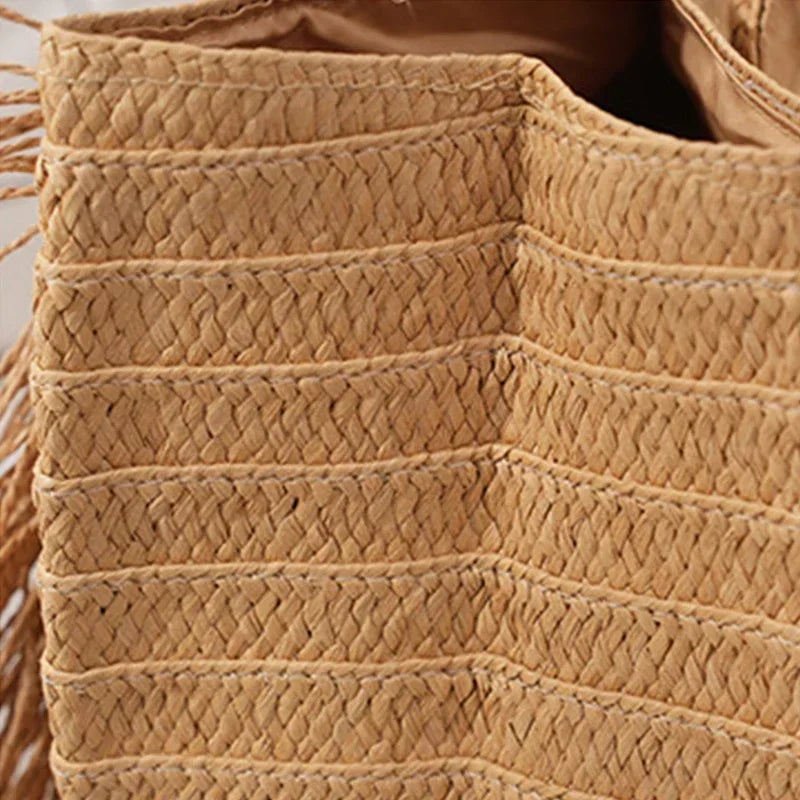 Handmade Raffia Straw Tote Bag with Tassel for Women – Large Capacity Bohemian Beach Bag