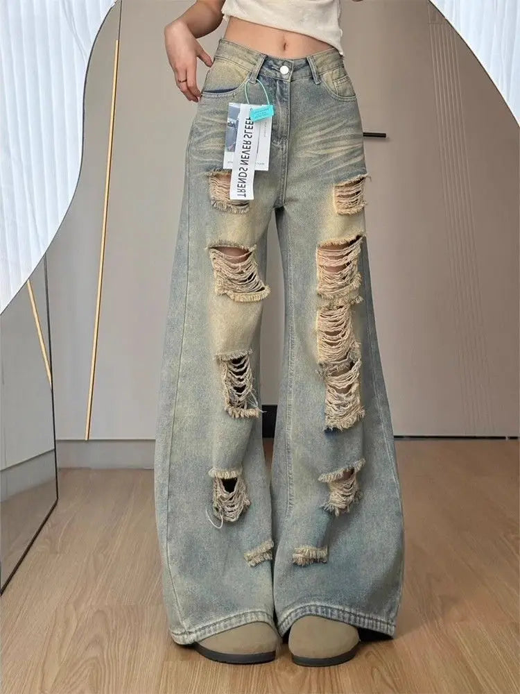 Women's American Retro Distressed Stonewash Wide-Leg Straight Jeans – Loose Drape Ankle-Length Denim | Beige | XS–XL | FBA Vibes