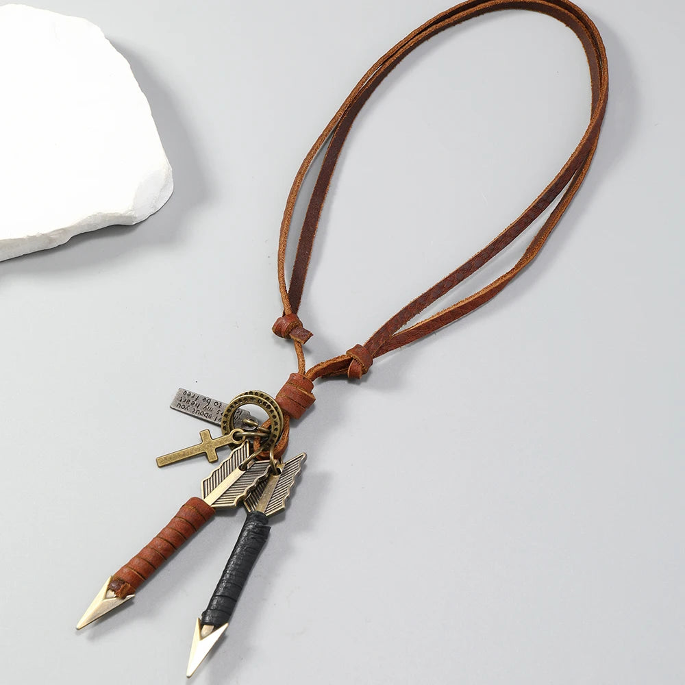 FBA Handmade Leather Double Arrow Pendant Necklace | Boho Artisan Jewelry