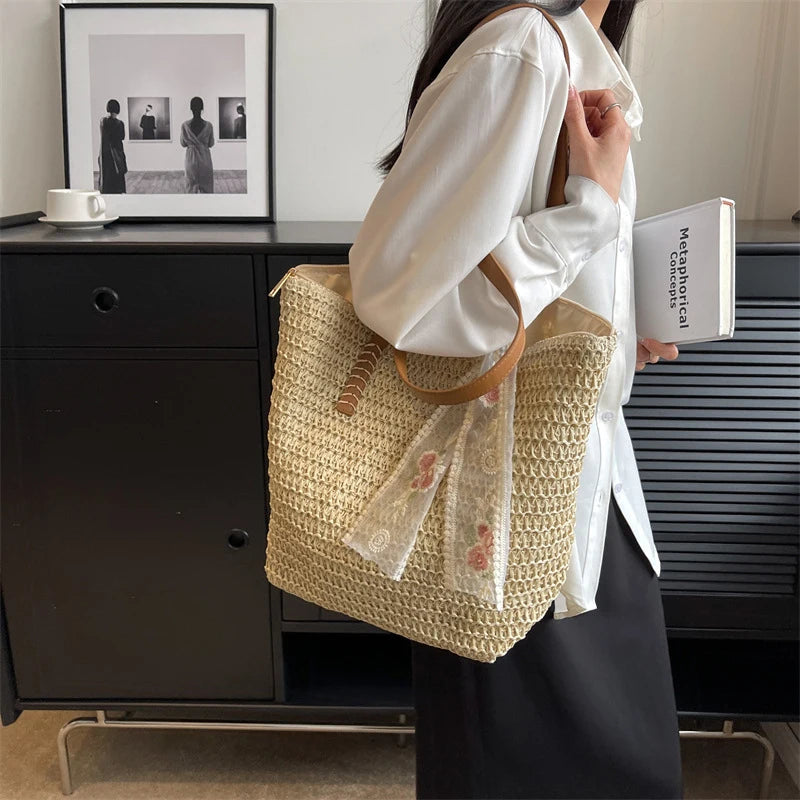 Handmade Grass Woven Tote Bag for Women – Large Capacity Rural Fresh Shoulder Bag with Scarf