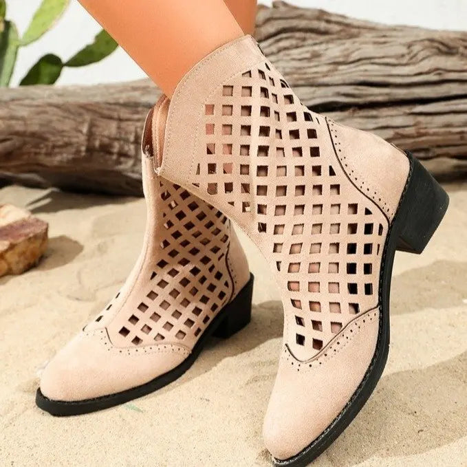 Women's Hollow-Out Western Ankle Bootie with Low Chunky Heel