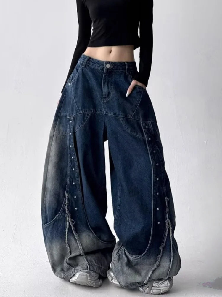 Women's American Retro Y2K Patchwork Wide-Leg Jeans – Baggy Stacked Denim Trousers | Vintage Black & Blue | S–XXXL | FBA Vibes