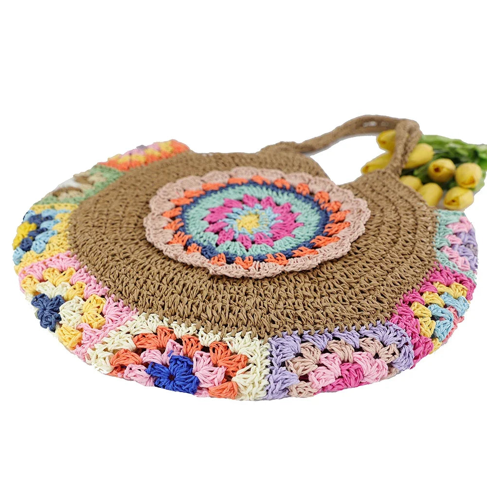 Women's Round Straw Woven Tote Bag – Large Capacity Ethnic Style Vacation Shoulder Handbag