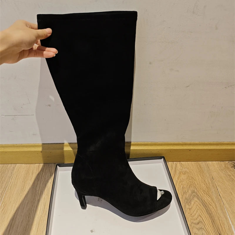 Women's Open Toe Knee-High Boot — Kitten Heel, Multi-Finish