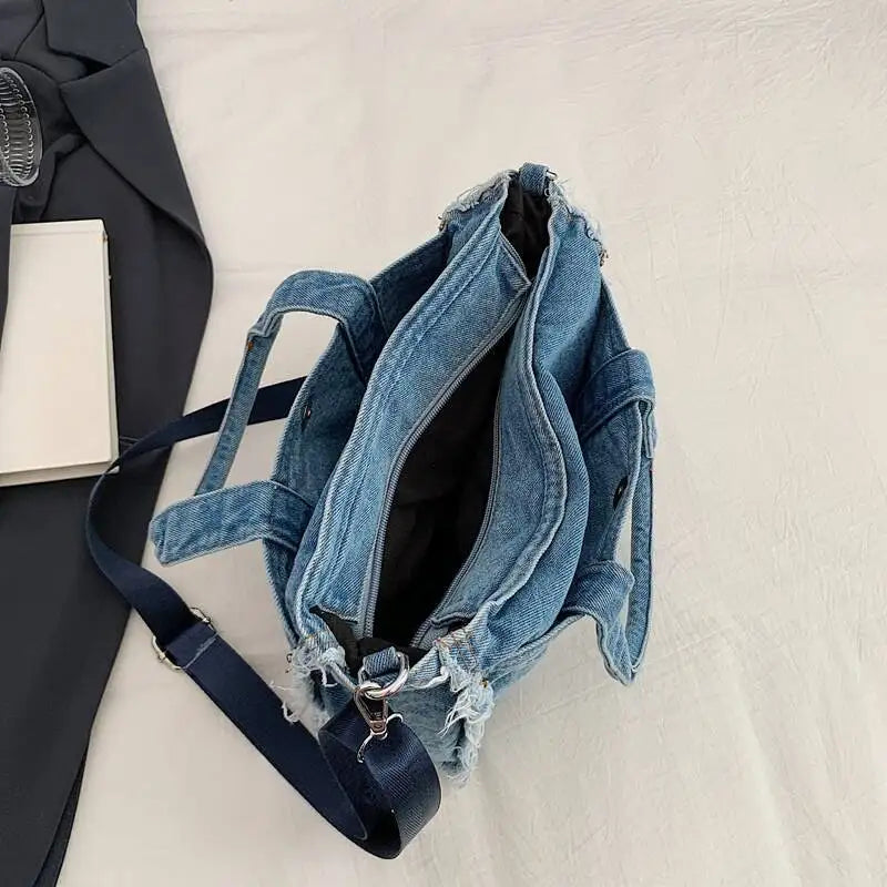 Denim Tote Bag with Ruched Straps – Large Capacity Crossbody Shoulder Handbag