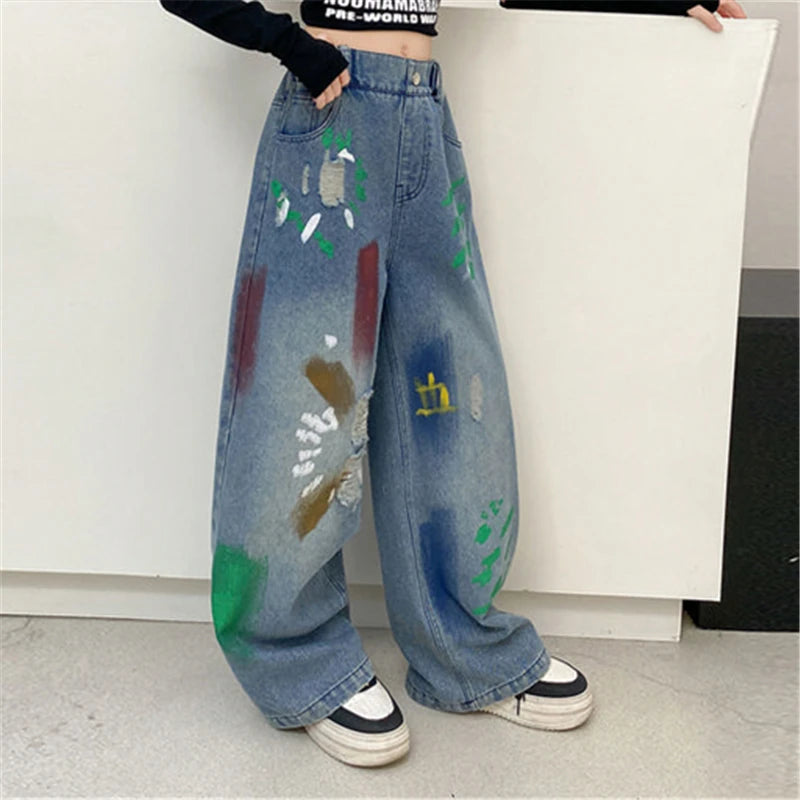 Kids' Hip Hop Graffiti Washed Blue Jeans – Girls & Boys Casual Straight Leg Denim Pants | Blue | Ages 5–14 | FBA Vibes