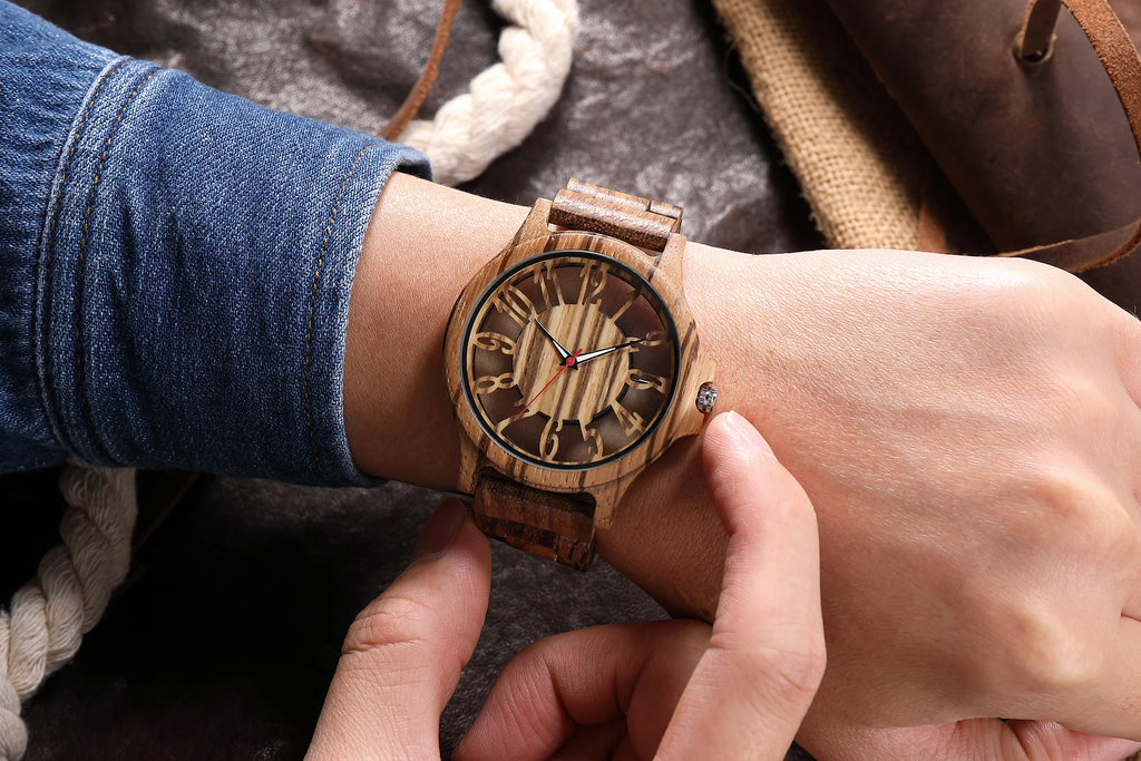 FBA Men's Transparent Hollow Wood Watch | Vintage Quartz Wooden Wristwatch