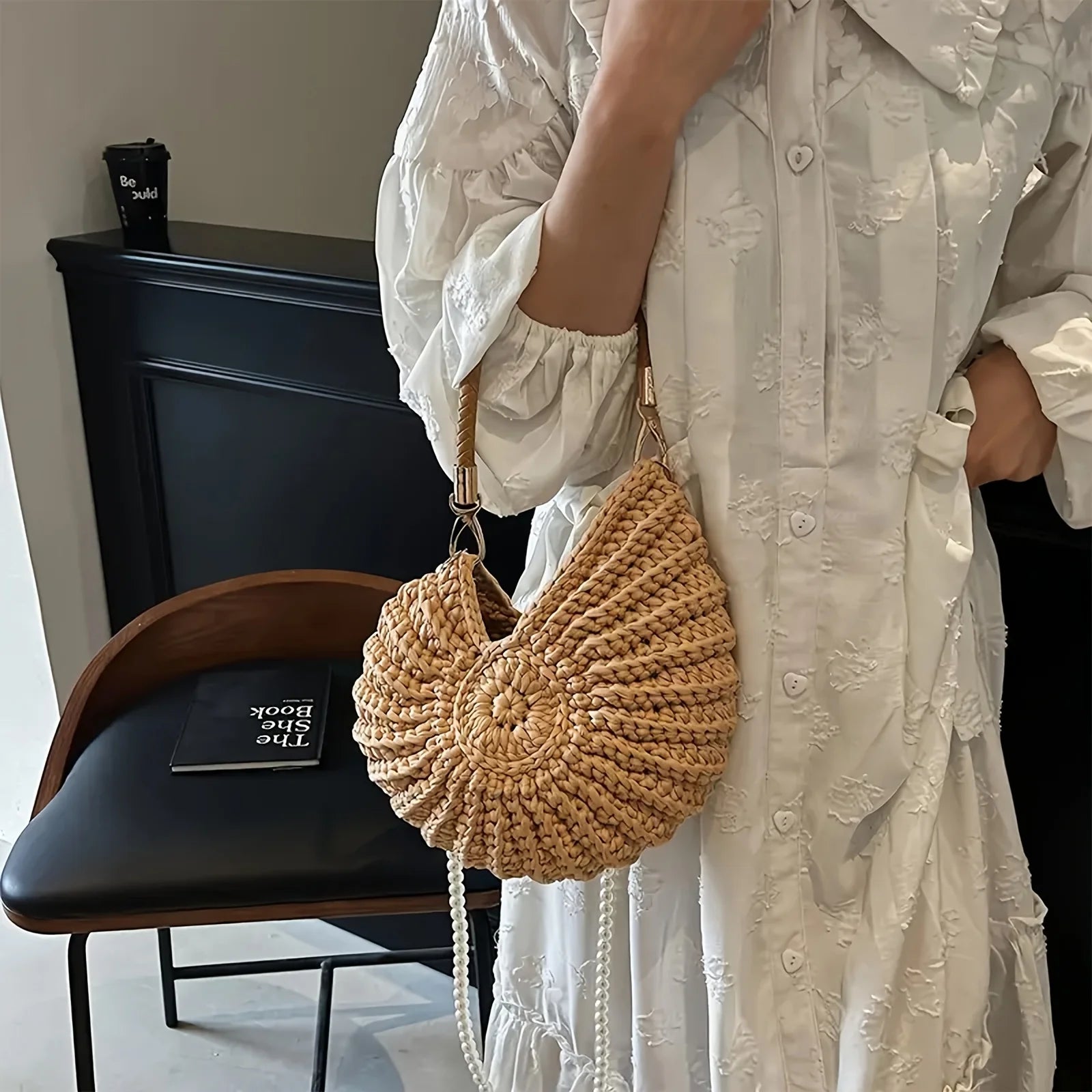 Hand Woven Shell Tote Bag with Chain Shoulder Strap – Large Capacity Bohemian Beach Bag