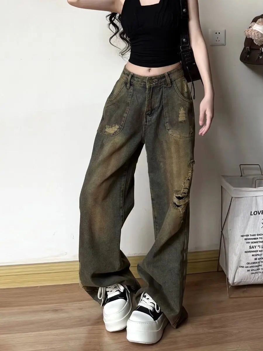 Women's American Retro High Waist Ripped Hole Wide-Leg Straight Jeans – Tie-Dye Loose Casual Denim | Retro Blue | XS–XL | FBA Vibes