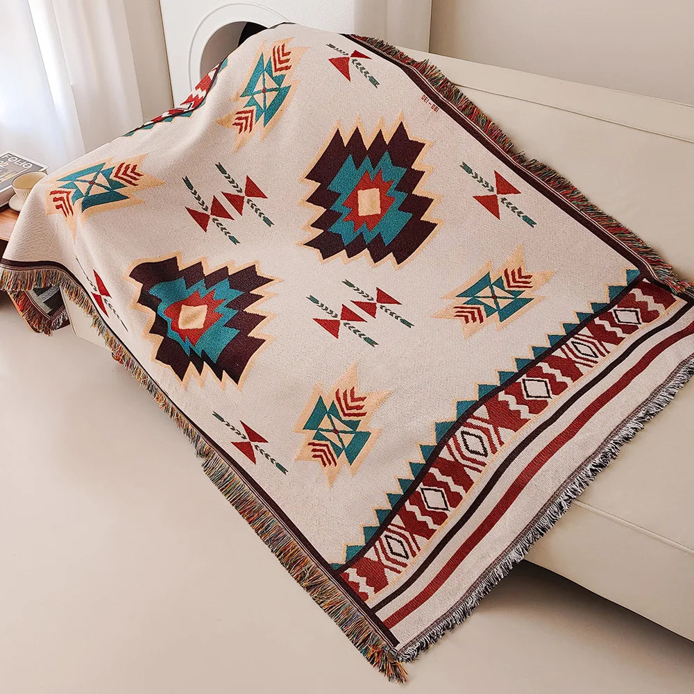 Aztec Boho Fringe Throw Blanket – Jacquard Woven | FBA Vibes