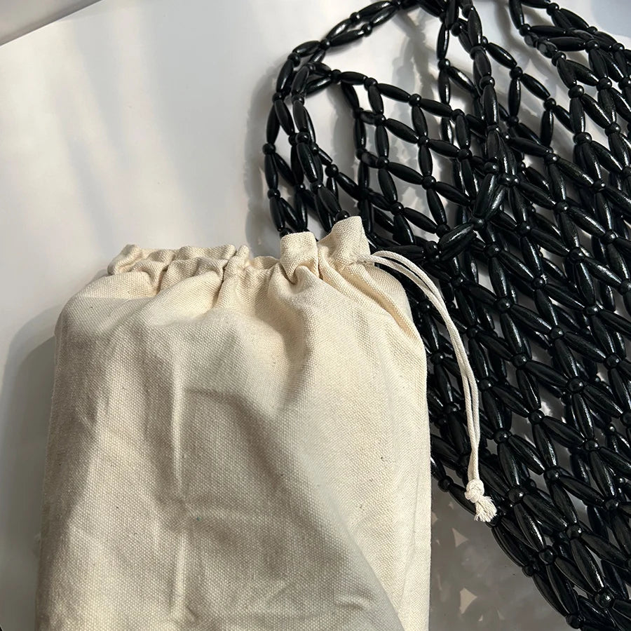 Hollow-Out Wooden Bead Woven Bucket Tote with Canvas Inner Bag – Boho Summer Beach Shoulder Handbag