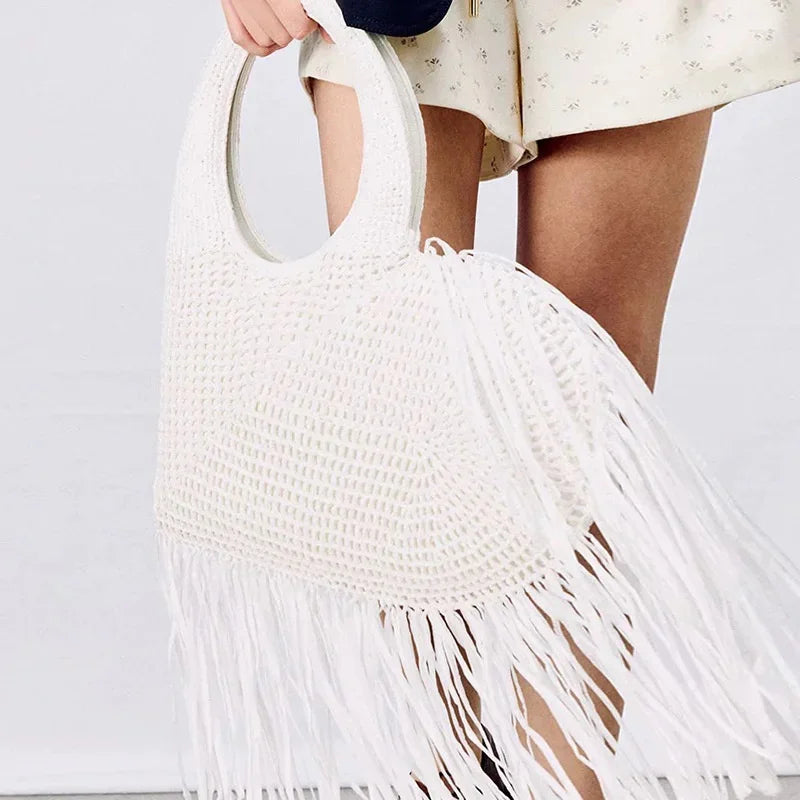 Straw Woven Tassel Tote Bag with Heart Accent – Boho Chic Summer Beach Shoulder Bag for Women