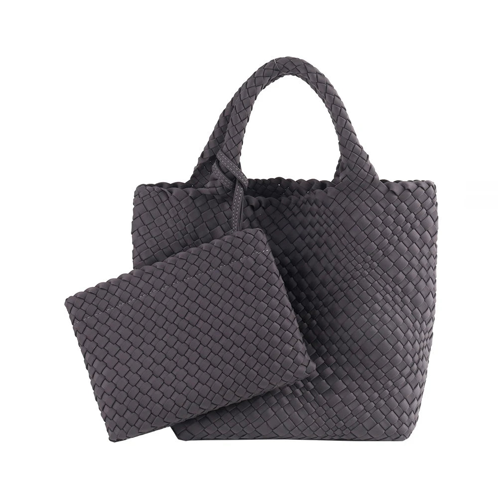 Neoprene Woven Tote Bag for Women – Waterproof Extra Large Beach Handbag & Retro Travel Shoulder Bag Set with Zipper Purse
