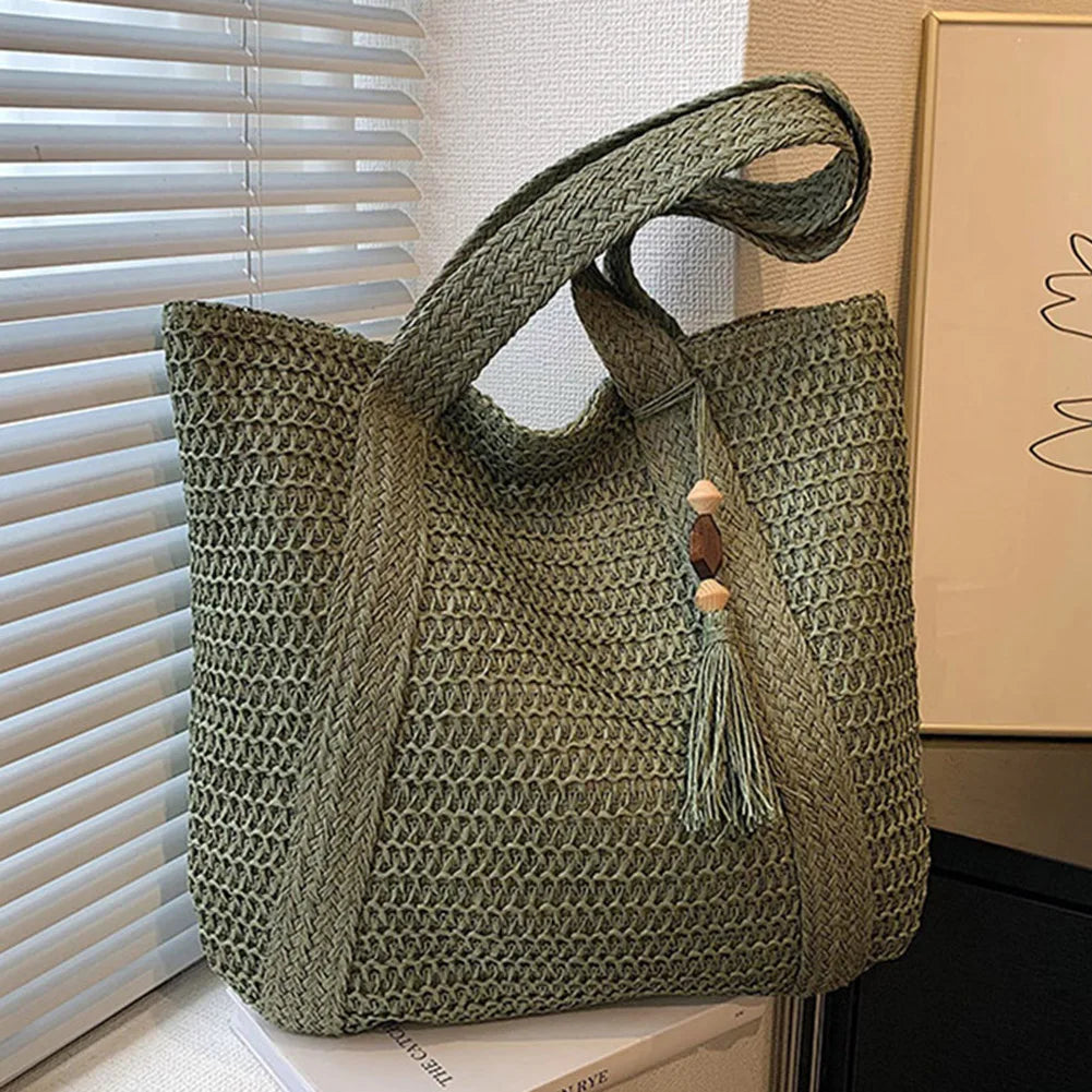 Woven Straw Tote Bag with Tassel for Women – Large Capacity Fashion Shoulder Shopper Bag