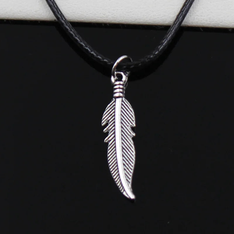 FBA Tibetan Silver Double Feather Choker Necklace | Handmade Leather Jewelry