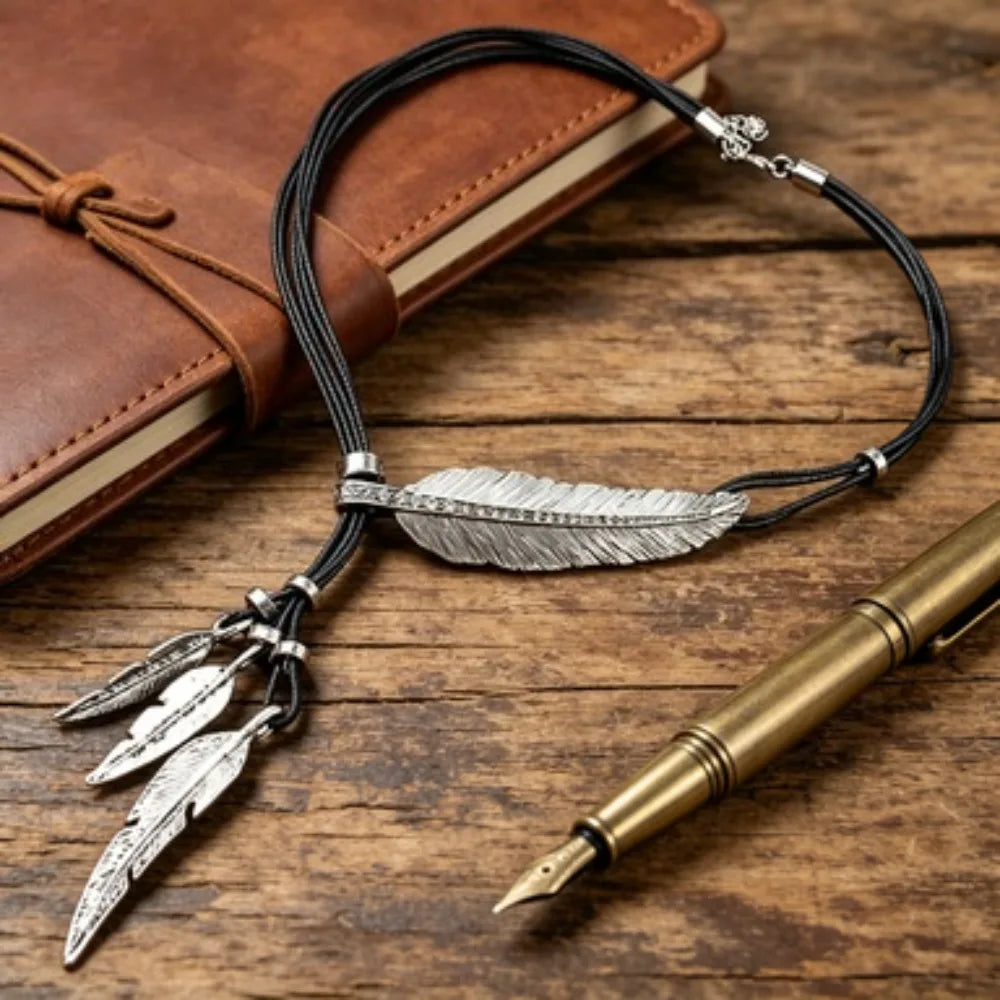 FBA Feather Rhinestone Tassel Necklace | Silver Leather Rope Jewelry