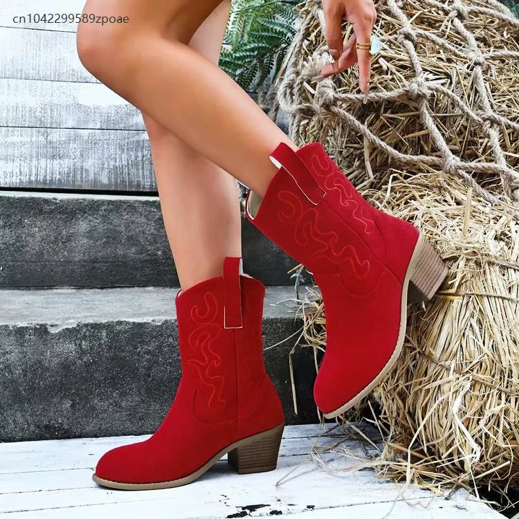 Women's Embroidered Western Cowboy Boot — Pointed Toe, Thick Heel, Knee-High